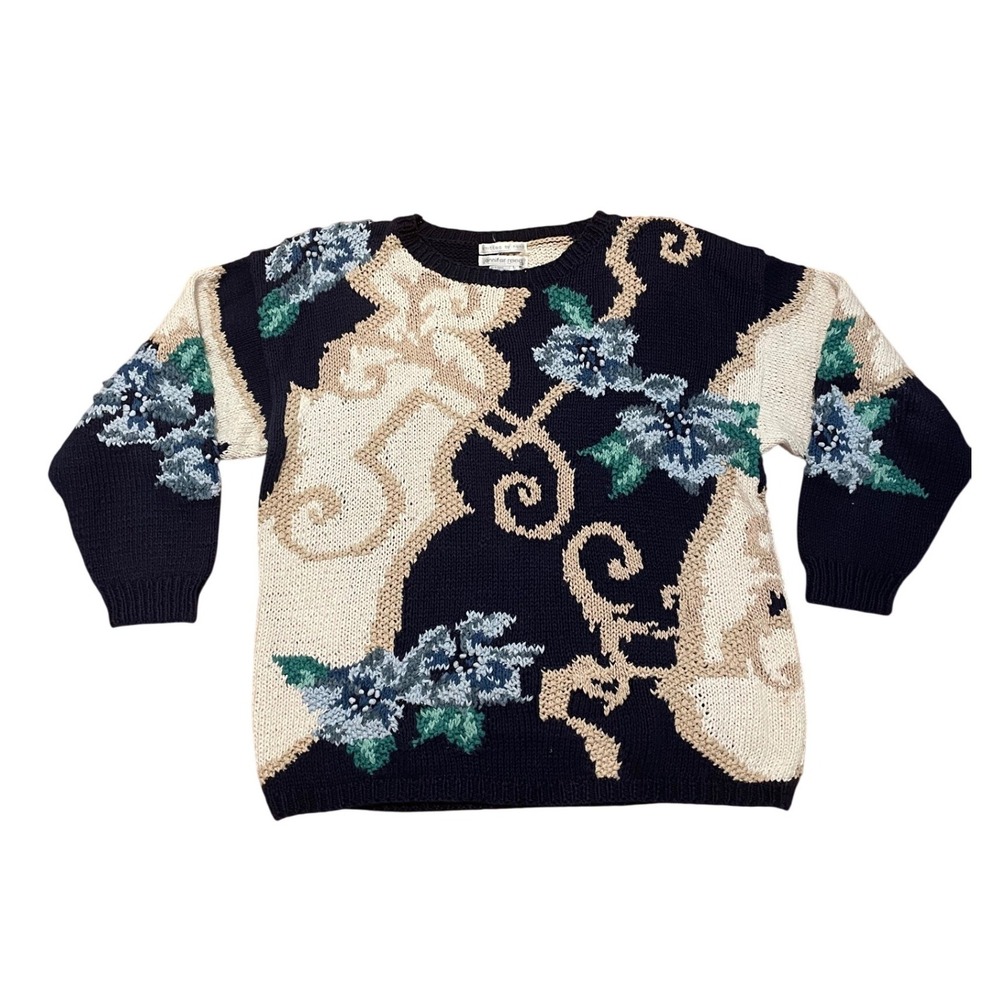 Vintage Sweater Jennifer Reed Hand Knitted Floral Intarsia Navy Blue 90s Large